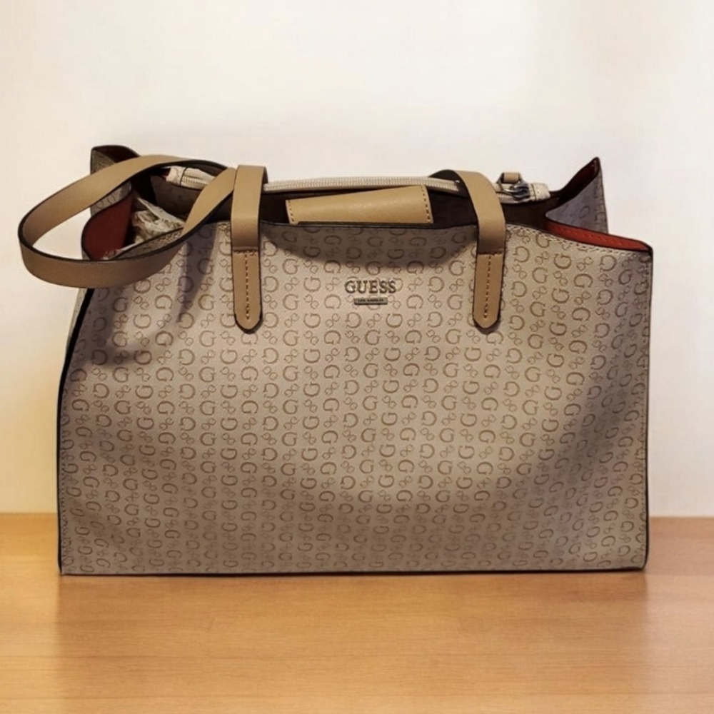 Guess Khaki Brynley Beige Designer Satchel Tote Bag Purse - Limited Edition